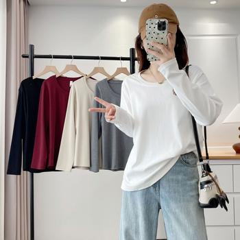 Brīvs piegriezums garām piedurknēm kokvilnas T-krekls ar apaļu kaklu, rudens 2025, pamata tops sievietēm