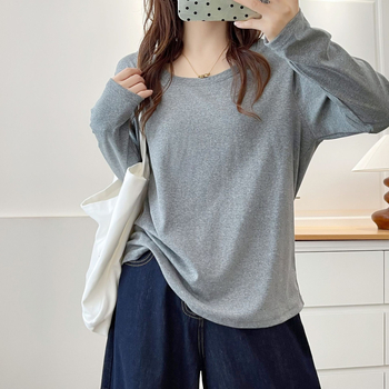 Brīvs piegriezums garām piedurknēm kokvilnas T-krekls ar apaļu kaklu, rudens 2025, pamata tops sievietēm