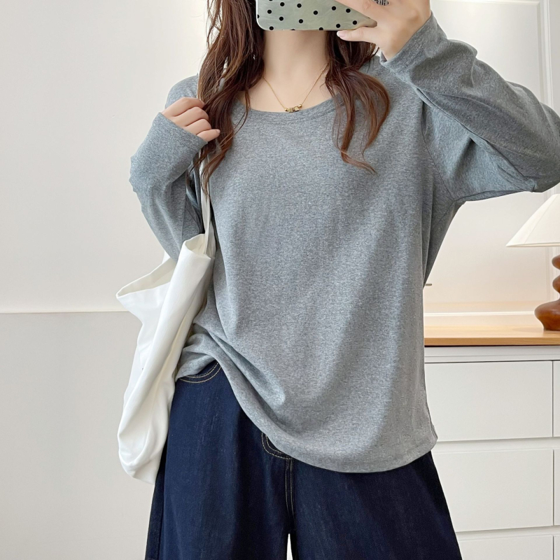 Brīvs piegriezums garām piedurknēm kokvilnas T-krekls ar apaļu kaklu, rudens 2025, pamata tops sievietēm