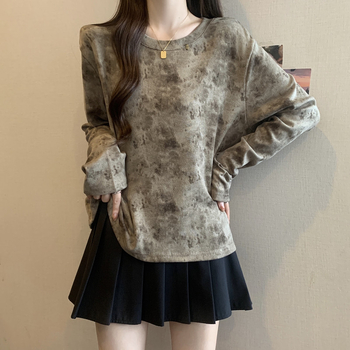 Sievietēm garu piedurknēm T-krekls, brīvs siluets, apaļš kakls, japāņu un korejiešu brīvā stila, apdruka un krāsošana