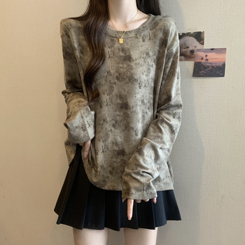 Sievietēm garu piedurknēm T-krekls, brīvs siluets, apaļš kakls, japāņu un korejiešu brīvā stila, apdruka un krāsošana