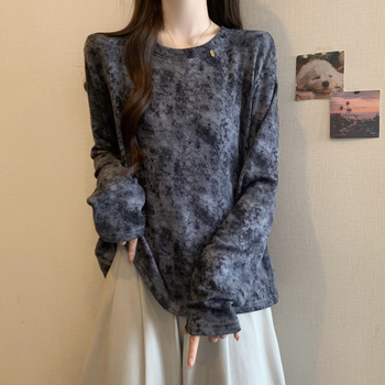Sievietēm garu piedurknēm T-krekls, brīvs siluets, apaļš kakls, japāņu un korejiešu brīvā stila, apdruka un krāsošana