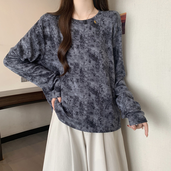 Sievietēm garu piedurknēm T-krekls, brīvs siluets, apaļš kakls, japāņu un korejiešu brīvā stila, apdruka un krāsošana