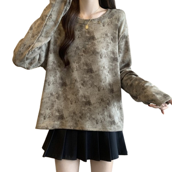 Sievietēm garu piedurknēm T-krekls, brīvs siluets, apaļš kakls, japāņu un korejiešu brīvā stila, apdruka un krāsošana