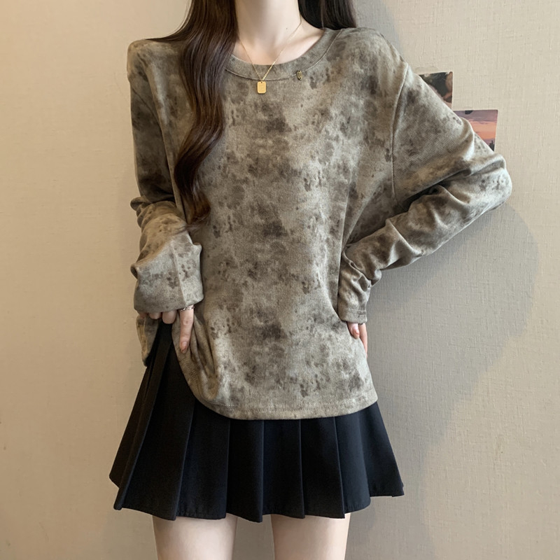 Sievietēm garu piedurknēm T-krekls, brīvs siluets, apaļš kakls, japāņu un korejiešu brīvā stila, apdruka un krāsošana