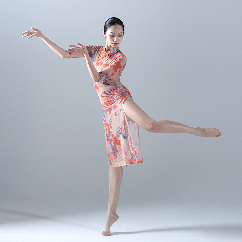 Női latin tánc ruha nyomtatott hálóval, poliészter-spandex keverék, 2020 tavasz