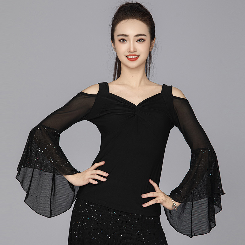 Топ за квадратни танци, дълъг ръкав, памучно-полиестерова смес (65% памук, 35% полиестер), за възрастни жени, подходящ за зима, пролет и есен