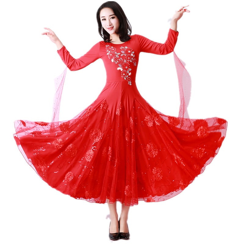 Рокля за бални танци с дълъг ръкав — Milk Silk тъкан, Състав: Spandex 50%, подходяща за бални танци, валс и сценични изпълнения