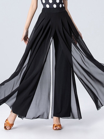 Латино танцови панталони – дълги, с разкроен чатал, свободен крой, тясна талия; модерни танцови дрехи, Crystal Linen плат, полиестер 85%