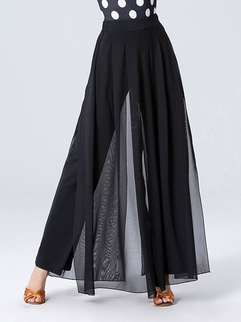 Латино танцови панталони – дълги, с разкроен чатал, свободен крой, тясна талия; модерни танцови дрехи, Crystal Linen плат, полиестер 85%