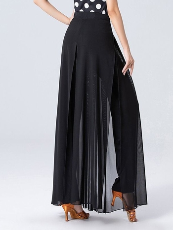 Латино танцови панталони – дълги, с разкроен чатал, свободен крой, тясна талия; модерни танцови дрехи, Crystal Linen плат, полиестер 85%