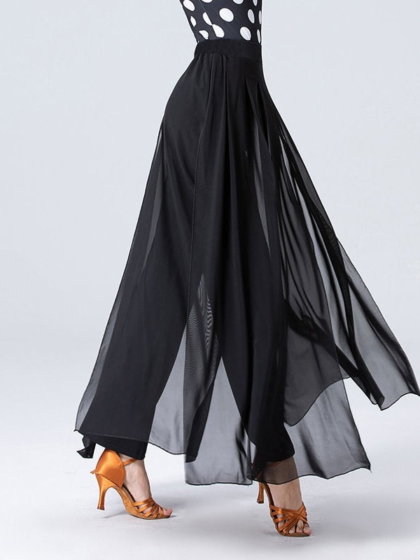 Латино танцови панталони – дълги, с разкроен чатал, свободен крой, тясна талия; модерни танцови дрехи, Crystal Linen плат, полиестер 85%