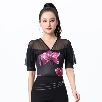 Дамски топ за модерни танци със средни ръкави, печат на листа лотос, Milk Silk плат, подплата 70% полиестер, подходящ за пролетно-лято-есенно танцово изпълнение