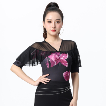 Дамски топ за модерни танци със средни ръкави, печат на листа лотос, Milk Silk плат, подплата 70% полиестер, подходящ за пролетно-лято-есенно танцово изпълнение