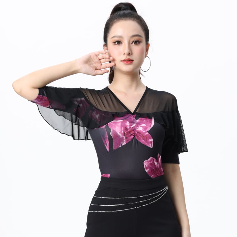 Дамски топ за модерни танци със средни ръкави, печат на листа лотос, Milk Silk плат, подплата 70% полиестер, подходящ за пролетно-лято-есенно танцово изпълнение