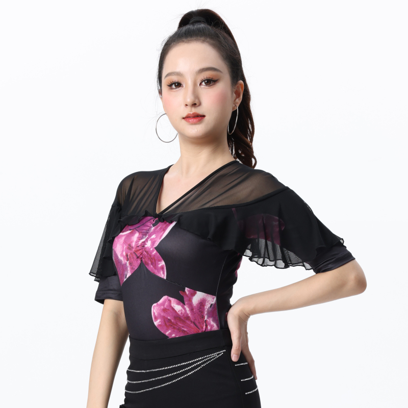 Дамски топ за модерни танци със средни ръкави, печат на листа лотос, Milk Silk плат, подплата 70% полиестер, подходящ за пролетно-лято-есенно танцово изпълнение