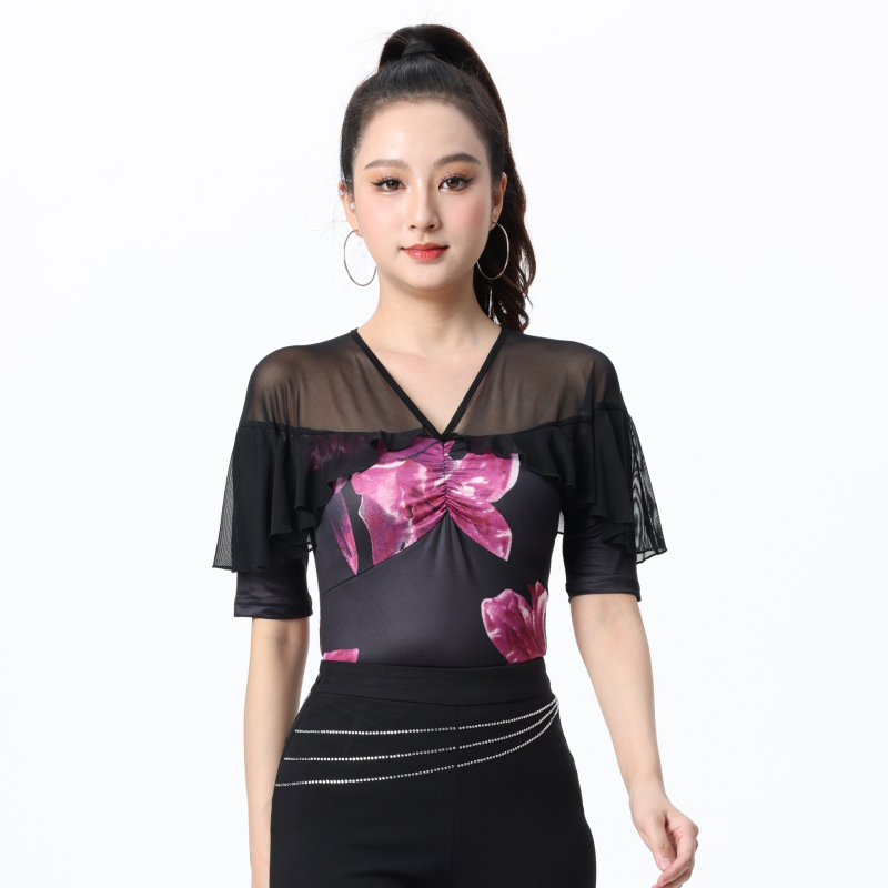 Дамски топ за модерни танци със средни ръкави, печат на листа лотос, Milk Silk плат, подплата 70% полиестер, подходящ за пролетно-лято-есенно танцово изпълнение