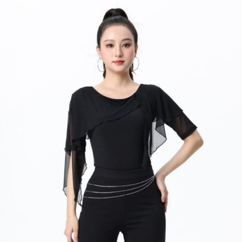 Дамско танцово горнище с полусреден ръкав и кант с рюшка от лотосов лист; еластично двойно-найлоново платно, 100% найлон; подходящо за латин денс, модерни танци и бални танци.