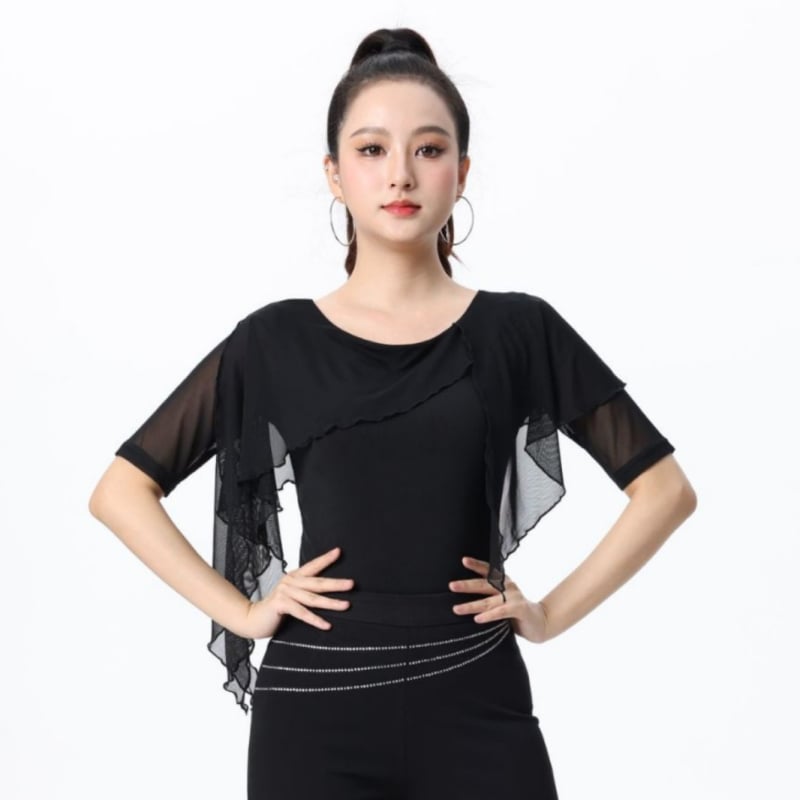 Дамско танцово горнище с полусреден ръкав и кант с рюшка от лотосов лист; еластично двойно-найлоново платно, 100% найлон; подходящо за латин денс, модерни танци и бални танци.