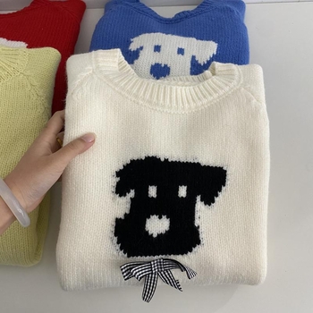 Korejskog stila jacquard s motivom psa, pulover s okruglim izrezom, široka silueta, akrilno vlakno, jesen-zimska kolekcija 2025