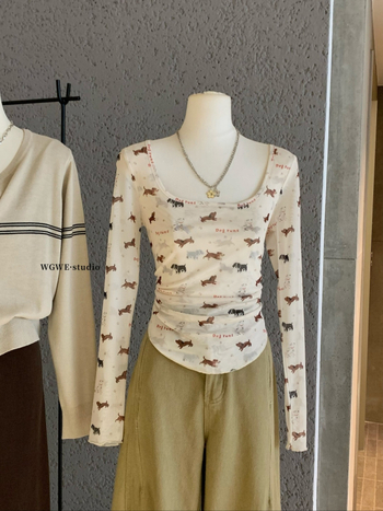 WGWE Женска тениска с принт на кученце, U-образно деколте, дълги ръкави, качулка и колажен дизайн