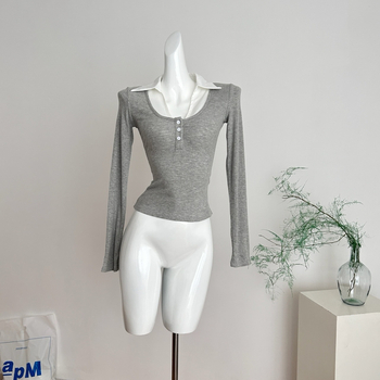 Женски плетен топ с поло яка, дълги ръкави, бродерия, тънък силует, нормална дължина