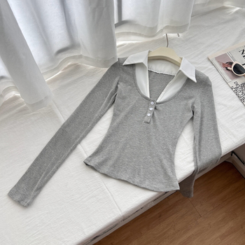 Женски плетен топ с поло яка, дълги ръкави, бродерия, тънък силует, нормална дължина