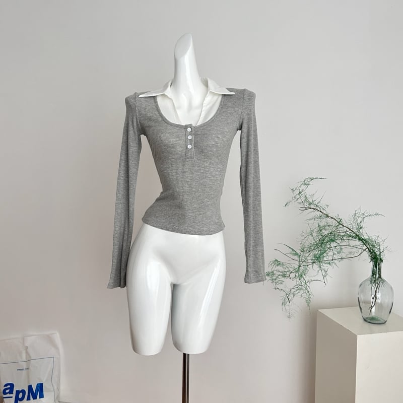 Женски плетен топ с поло яка, дълги ръкави, бродерия, тънък силует, нормална дължина