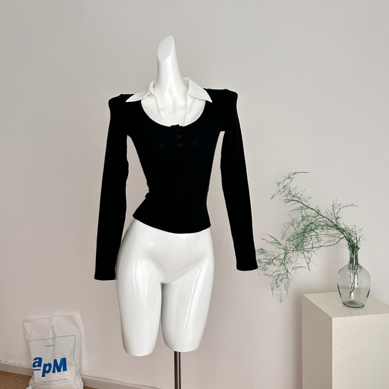 Женски плетен топ с поло яка, дълги ръкави, бродерия, тънък силует, нормална дължина