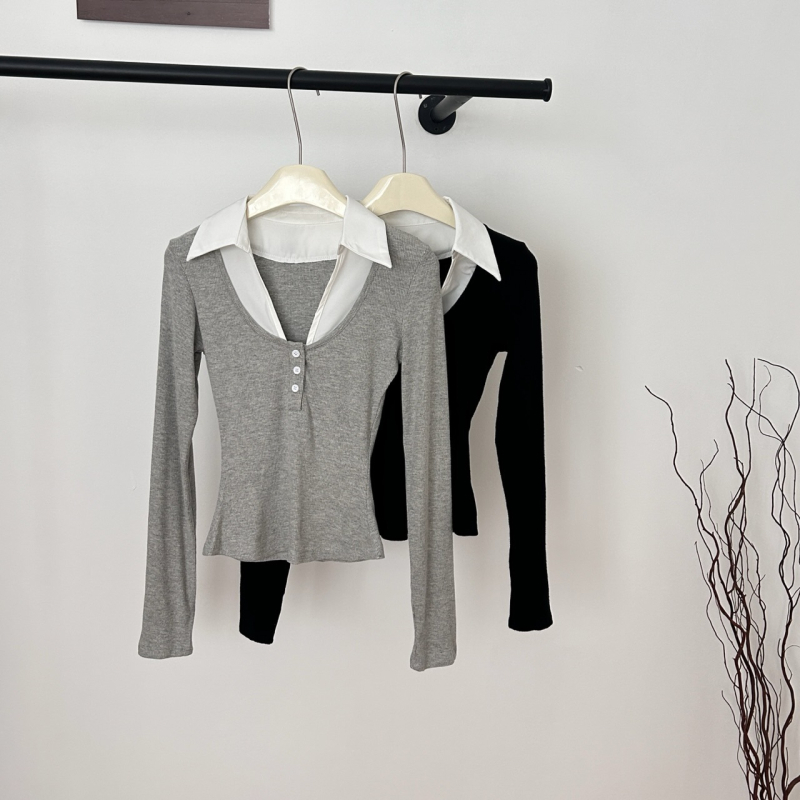 Женски плетен топ с поло яка, дълги ръкави, бродерия, тънък силует, нормална дължина