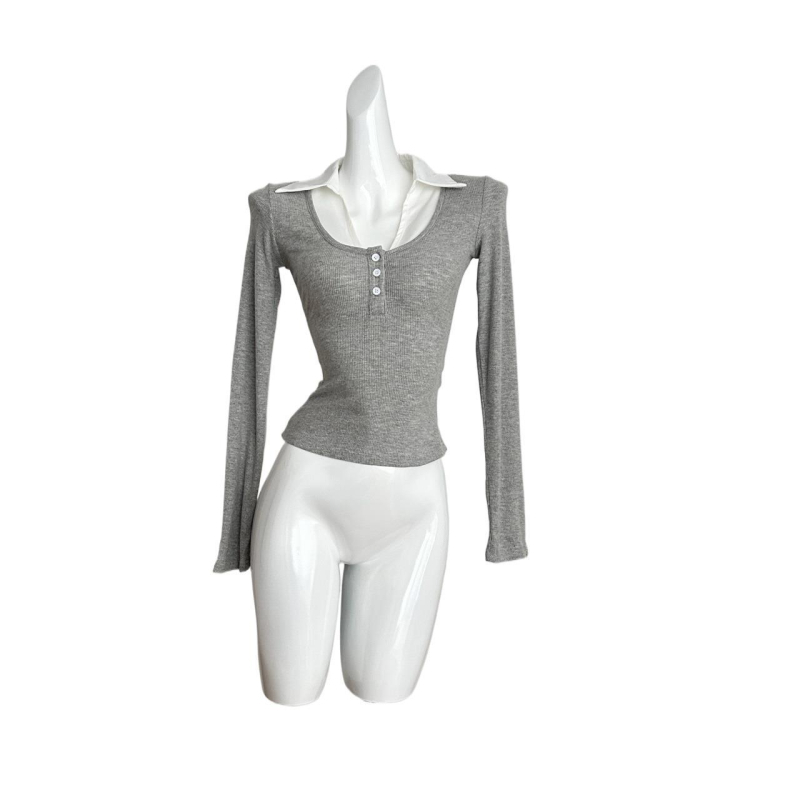 Женски плетен топ с поло яка, дълги ръкави, бродерия, тънък силует, нормална дължина