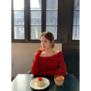 Jednoramenný pletený top, štíhla línia, Ice Silk viskózna tkanina, dlhé rukávy