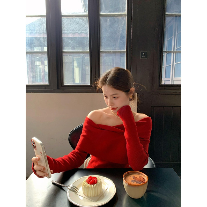 Jednoramenný pletený top, štíhla línia, Ice Silk viskózna tkanina, dlhé rukávy