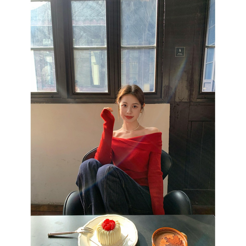 Jednoramenný pletený top, štíhla línia, Ice Silk viskózna tkanina, dlhé rukávy