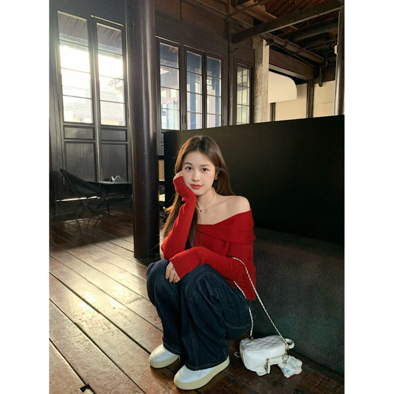 Jednoramenný pletený top, štíhla línia, Ice Silk viskózna tkanina, dlhé rukávy