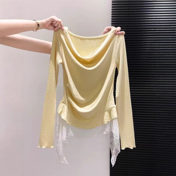 Majica s čipkastim uzorkom, duge rukave, ovratnik s jednom linijom (kroj: slim; duljina: 50–65 cm; materijal: mješavina viskoze i poliestera; stil: japansko-korejski odmor)