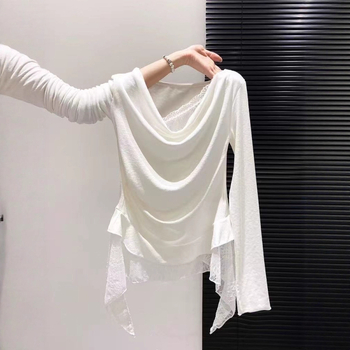 Majica s čipkastim uzorkom, duge rukave, ovratnik s jednom linijom (kroj: slim; duljina: 50–65 cm; materijal: mješavina viskoze i poliestera; stil: japansko-korejski odmor)