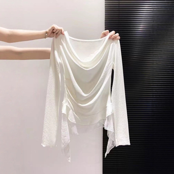 Majica s čipkastim uzorkom, duge rukave, ovratnik s jednom linijom (kroj: slim; duljina: 50–65 cm; materijal: mješavina viskoze i poliestera; stil: japansko-korejski odmor)