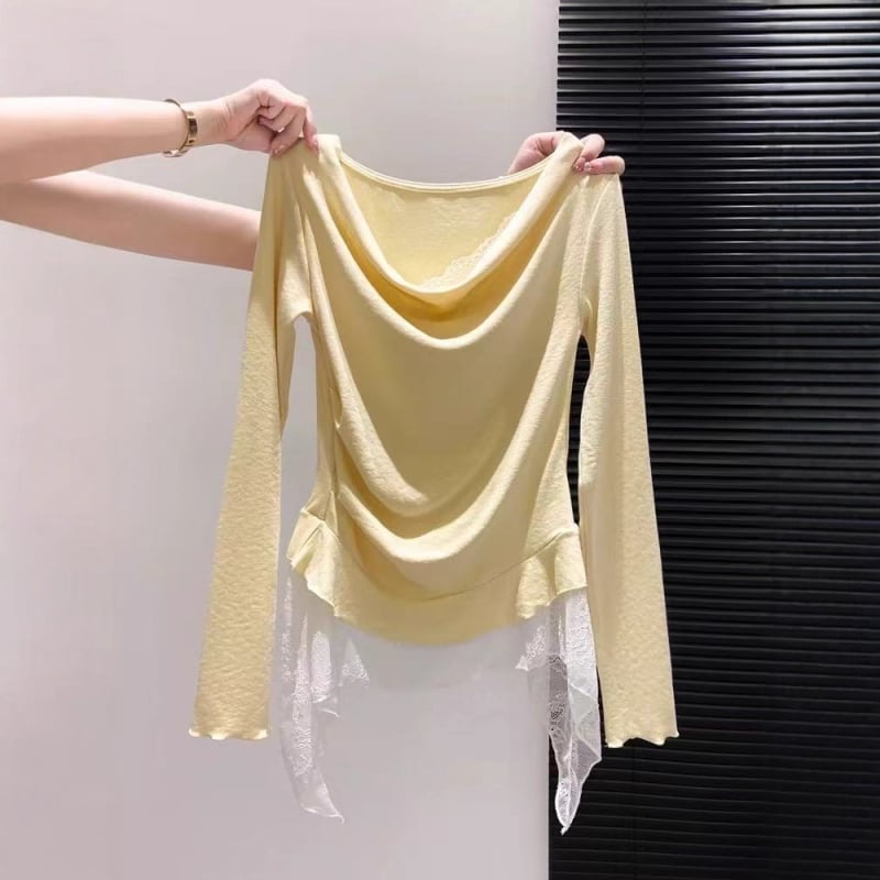 Majica s čipkastim uzorkom, duge rukave, ovratnik s jednom linijom (kroj: slim; duljina: 50–65 cm; materijal: mješavina viskoze i poliestera; stil: japansko-korejski odmor)