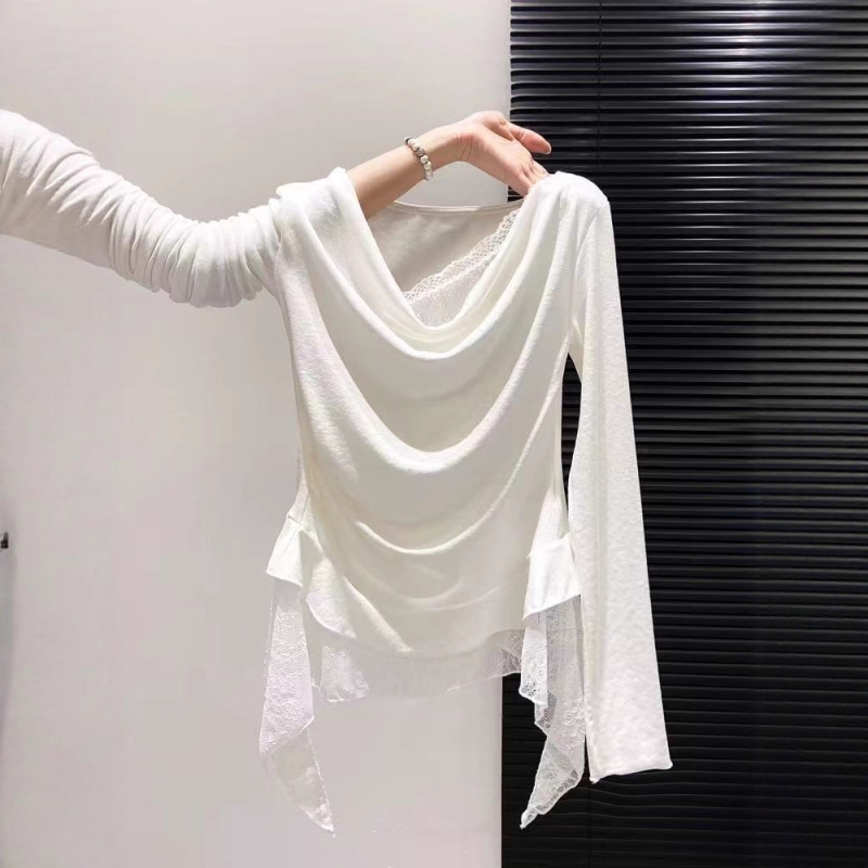 Majica s čipkastim uzorkom, duge rukave, ovratnik s jednom linijom (kroj: slim; duljina: 50–65 cm; materijal: mješavina viskoze i poliestera; stil: japansko-korejski odmor)
