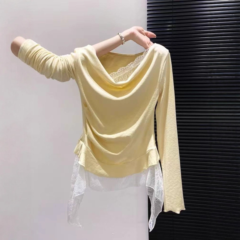 Majica s čipkastim uzorkom, duge rukave, ovratnik s jednom linijom (kroj: slim; duljina: 50–65 cm; materijal: mješavina viskoze i poliestera; stil: japansko-korejski odmor)