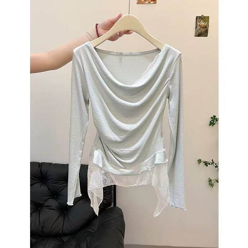 Majica s čipkastim uzorkom, duge rukave, ovratnik s jednom linijom (kroj: slim; duljina: 50–65 cm; materijal: mješavina viskoze i poliestera; stil: japansko-korejski odmor)