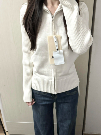 Kórejský štýl cardigan sveter s límom a zipsom, dlhé rukávy, úzky strih