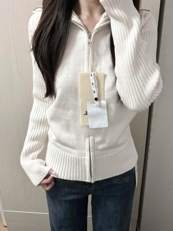 Kórejský štýl cardigan sveter s límom a zipsom, dlhé rukávy, úzky strih