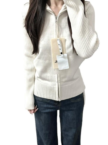Kórejský štýl cardigan sveter s límom a zipsom, dlhé rukávy, úzky strih