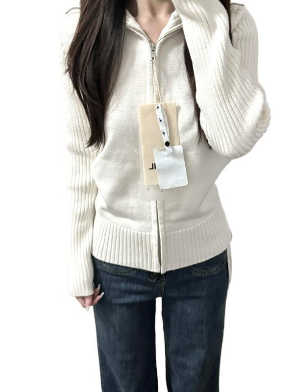 Kórejský štýl cardigan sveter s límom a zipsom, dlhé rukávy, úzky strih