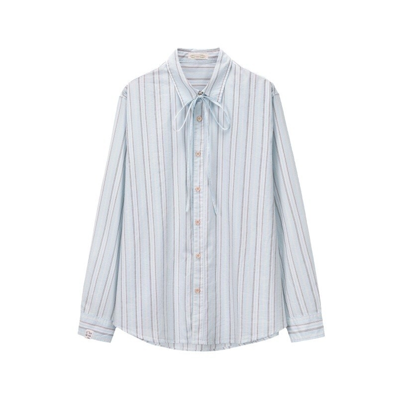 Sieviešu svītrainā krekla, brīvā piegriezuma, garas piedurknes, polo apkakle, vienrindu pogu aizdare