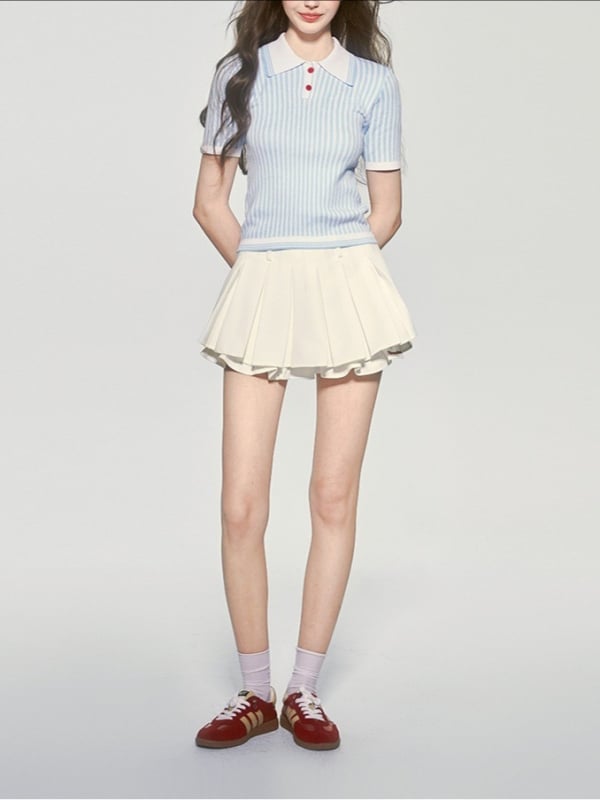 Поло топ с ивици, полиестерен трикотаж, къс ръкав, поло яка, тясна кройка, лято 2025