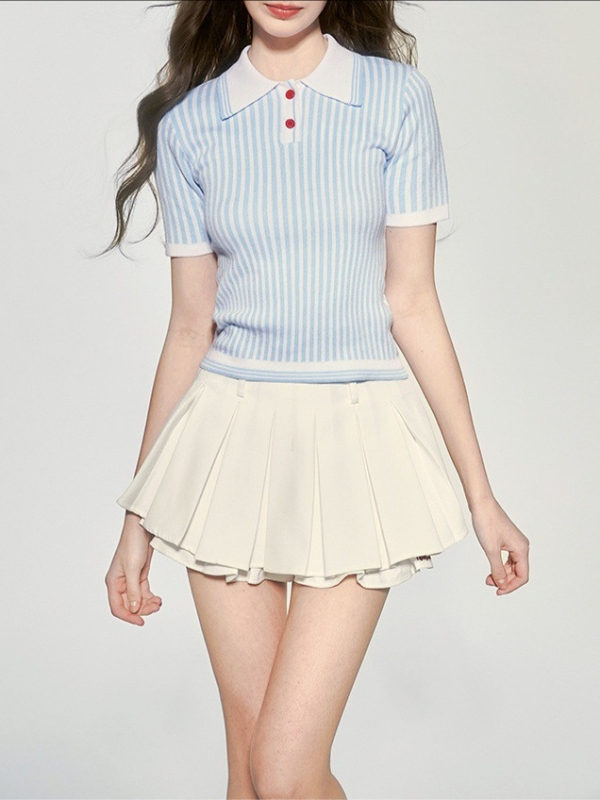 Поло топ с ивици, полиестерен трикотаж, къс ръкав, поло яка, тясна кройка, лято 2025