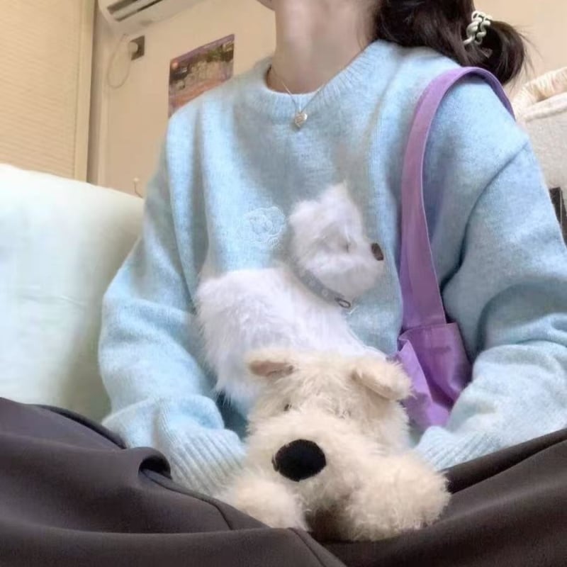 Ženski pleteni pulover u korejskom stilu s plišanim štenetom i žakardnim uzorkom, okrugli izrez, debeli pleteni